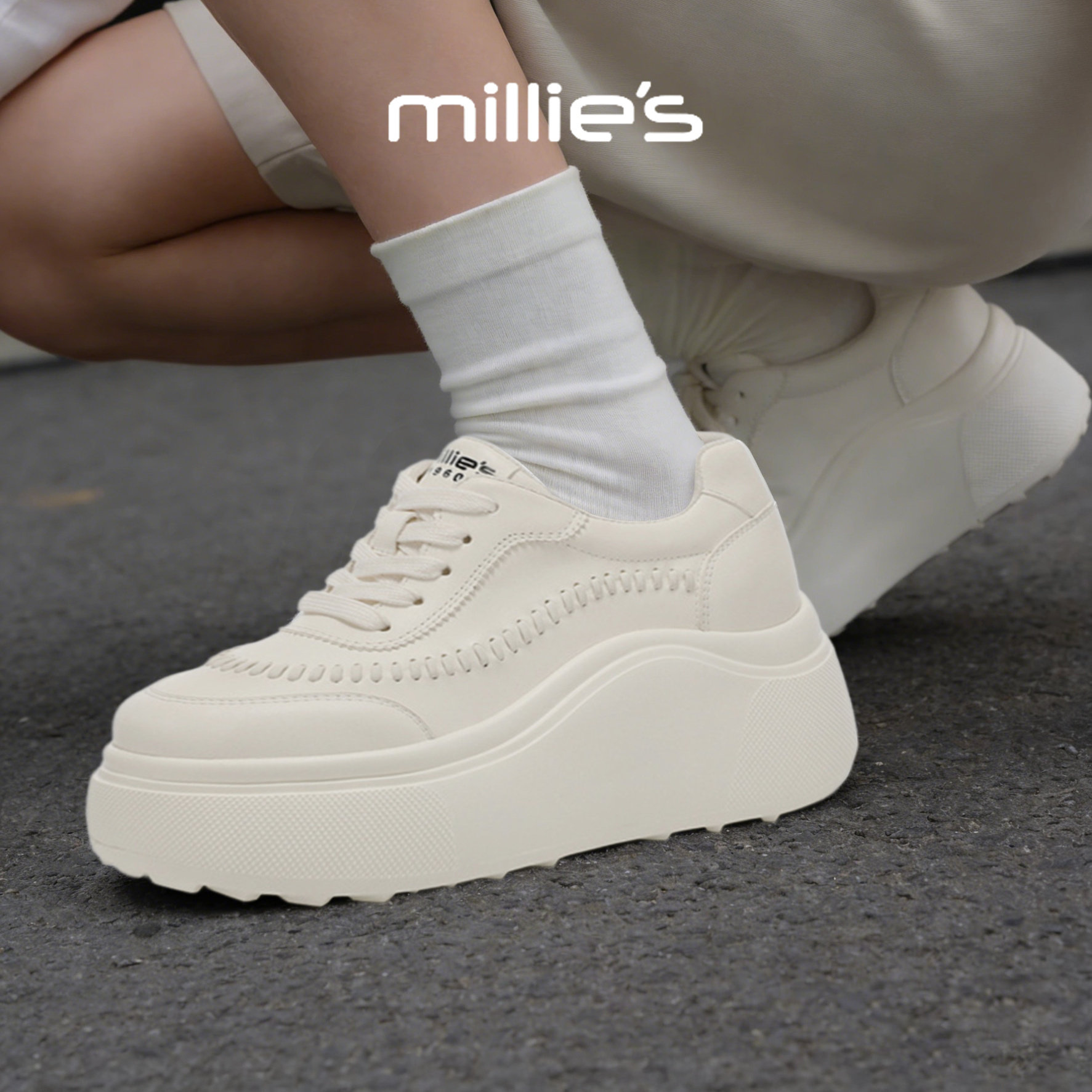 MILLIE'S/妙丽厚底小白鞋女款百搭增高真皮休闲板鞋2026春季新款,女鞋,休闲板鞋,淘宝优惠券,粉丝福利购,淘宝优惠卷