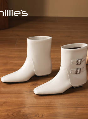 millies妙丽白色骑士靴加绒时装靴英伦风皮带扣雪地靴加棉小短靴