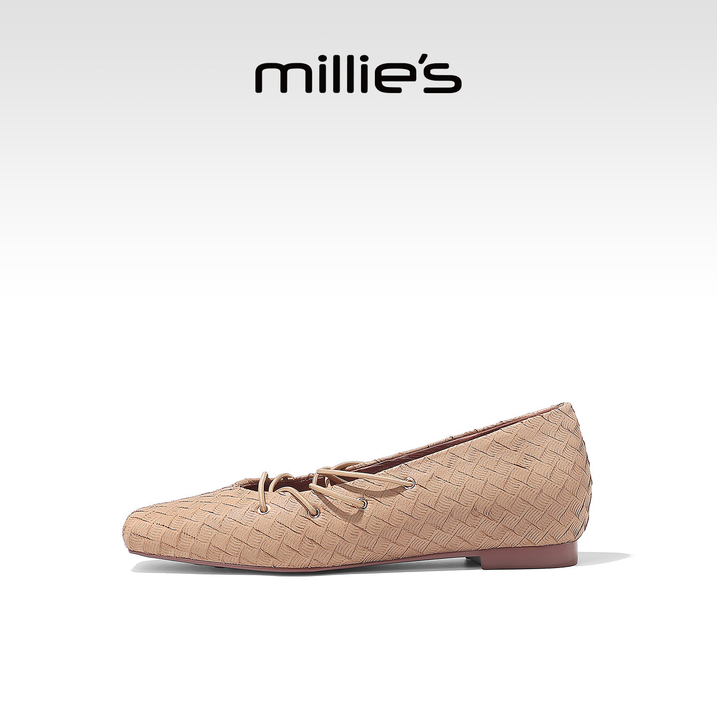 MILLIE'S/妙丽法式编织平底芭蕾鞋女款方头系带气质单鞋春夏新款
