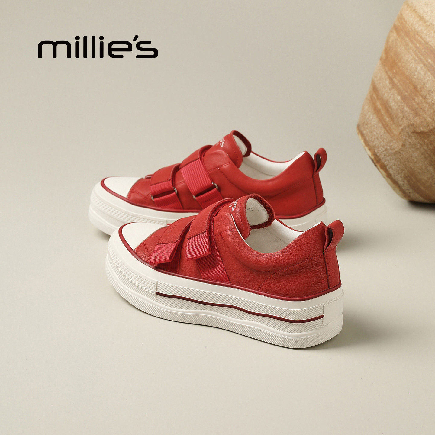 MILLIE'S/妙丽红色帆布鞋女厚底魔术贴休闲板鞋增高2026春季新款