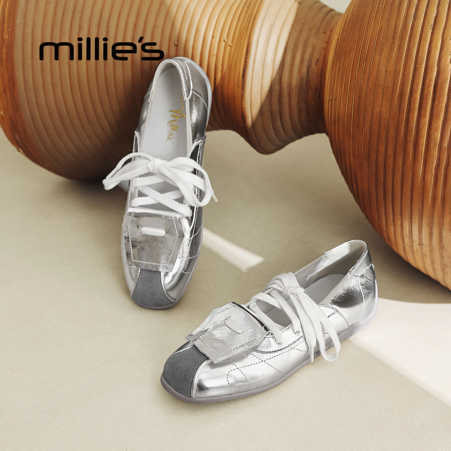 MILLIE'S/妙丽银色芭蕾玛丽珍鞋女款平底系带复古百搭舒适休闲鞋,女鞋,时尚芭蕾鞋,淘宝优惠券,粉丝福利购,淘宝优惠卷