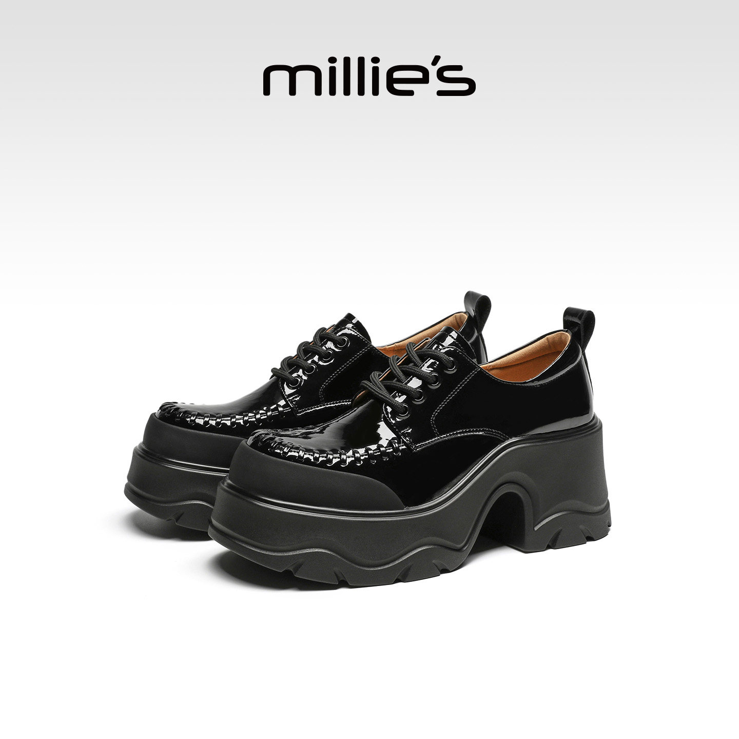 MILLIE'S/妙丽英伦风厚底乐福鞋女黑色漆皮系带增高小个子松糕鞋,女鞋,深口单鞋,淘宝优惠券,粉丝福利购,淘宝优惠卷