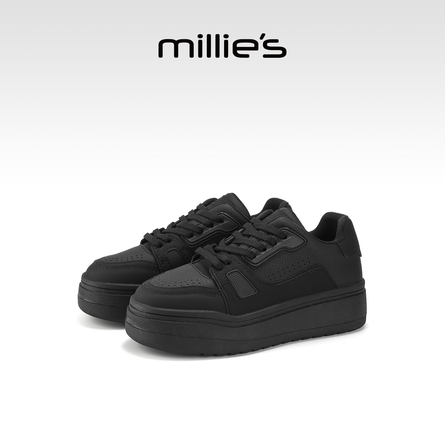 MILLIE'S/妙丽厚底板鞋女黑色百搭休闲鞋增高小黑鞋2026春季新款