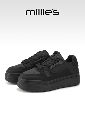 MILLIE'S/妙丽厚底板鞋女黑色百搭休闲鞋增高小黑鞋2026春季新款