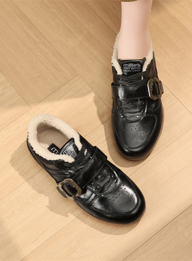 millies妙丽秋冬新款时尚休闲舒适低帮加绒德训鞋女鞋加棉阿甘鞋