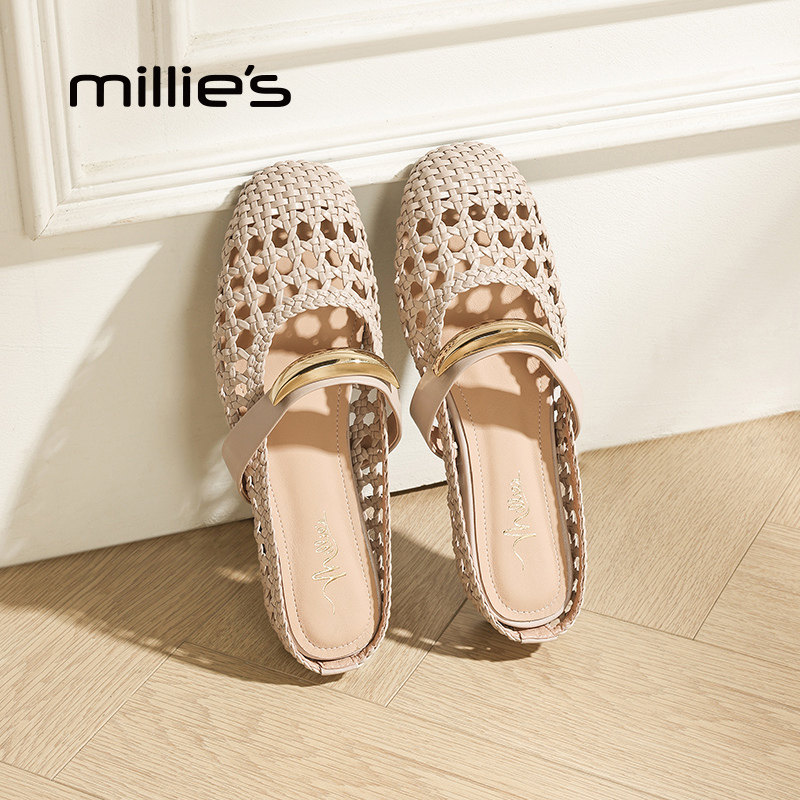 millies妙丽手工编织包头拖鞋女夏季外穿低跟半拖鞋镂空洞洞凉拖