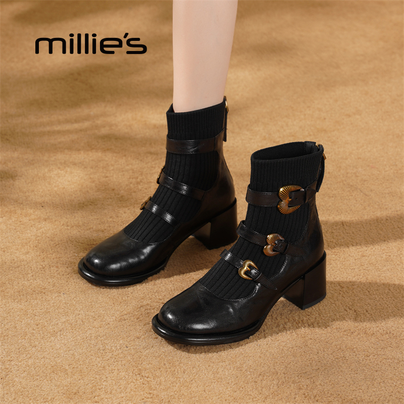 millies妙丽女鞋加绒复古女靴