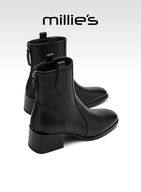 millies妙丽套筒短靴女靴2025年冬季新款加绒方头切尔西靴高跟靴