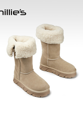 millies妙丽女鞋厚底皮带扣骑士机车风不过膝长筒雪地靴冬季新款