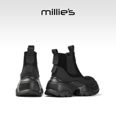 冬季 millies妙丽女鞋 新款 加绒保暖短靴牛皮增高休闲马丁靴小个子