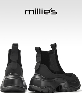 millies妙丽女鞋2025年秋冬新款加绒保暖短靴牛皮增高休闲马丁靴