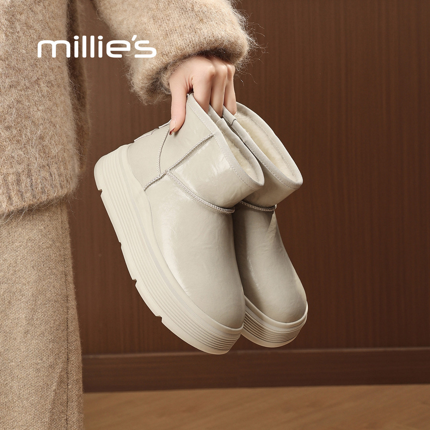 millies妙丽冬季雪地靴加绒女靴真皮保暖大棉靴厚底毛毛靴小短靴