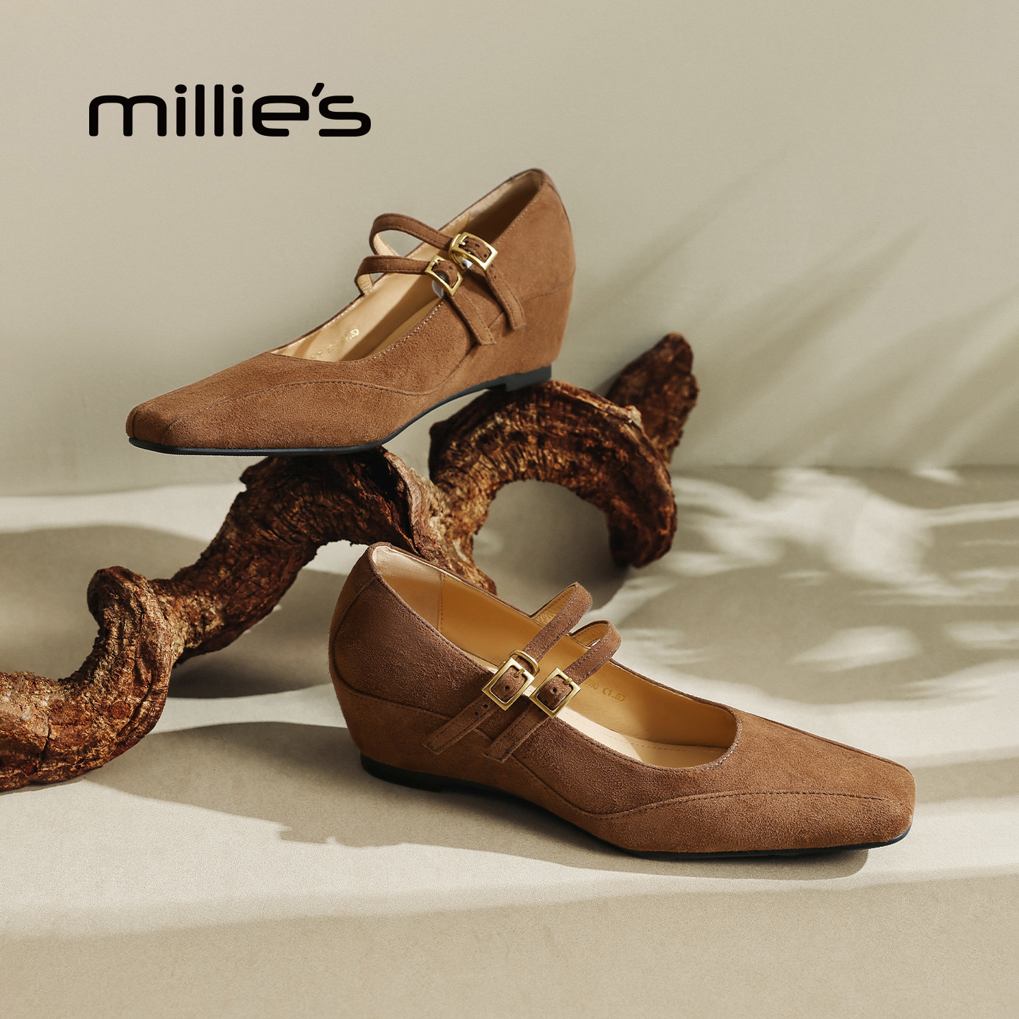 MILLIE'S/妙丽法式复古方头玛丽珍鞋女真皮双扣带浅口单鞋焦糖色,女鞋,浅口单鞋,淘宝优惠券,粉丝福利购,淘宝优惠卷