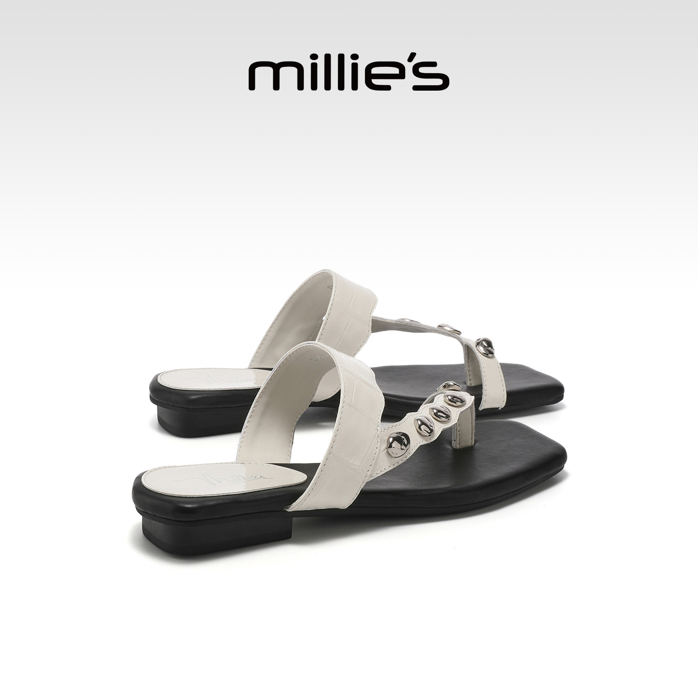 MILLIE'S/妙丽度假风T字型平底凉鞋女夏季新款金属扣一字拖沙滩鞋