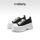 妙丽休闲风厚底板鞋 女黑白拼色系带增高鞋 MILLIE 小个子松糕鞋