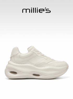 MILLIE'S/妙丽白色厚底运动鞋女款系带牛皮革休闲鞋2026春季新款