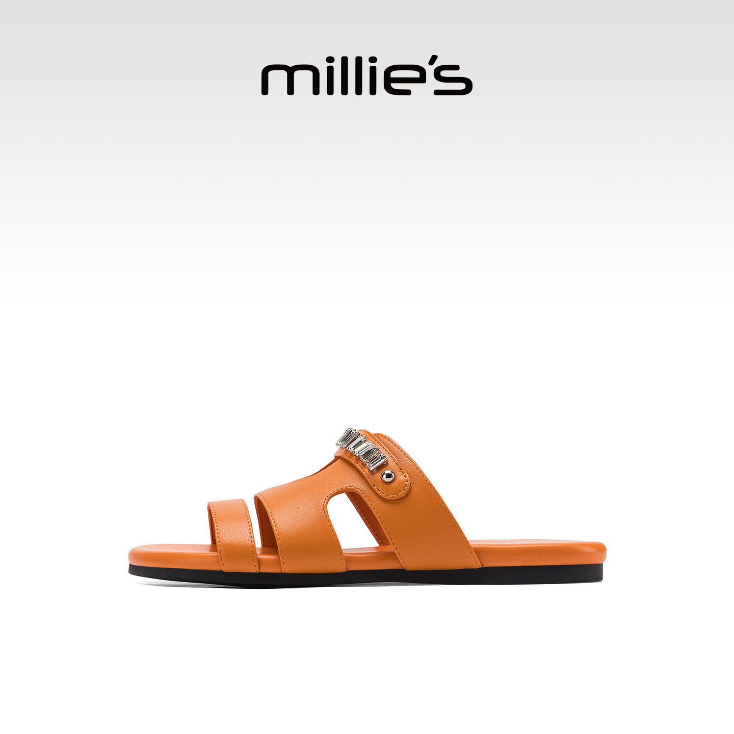 MILLIE'S/妙丽橘色真皮一字拖女外穿休闲百搭露趾凉拖鞋夏季新款