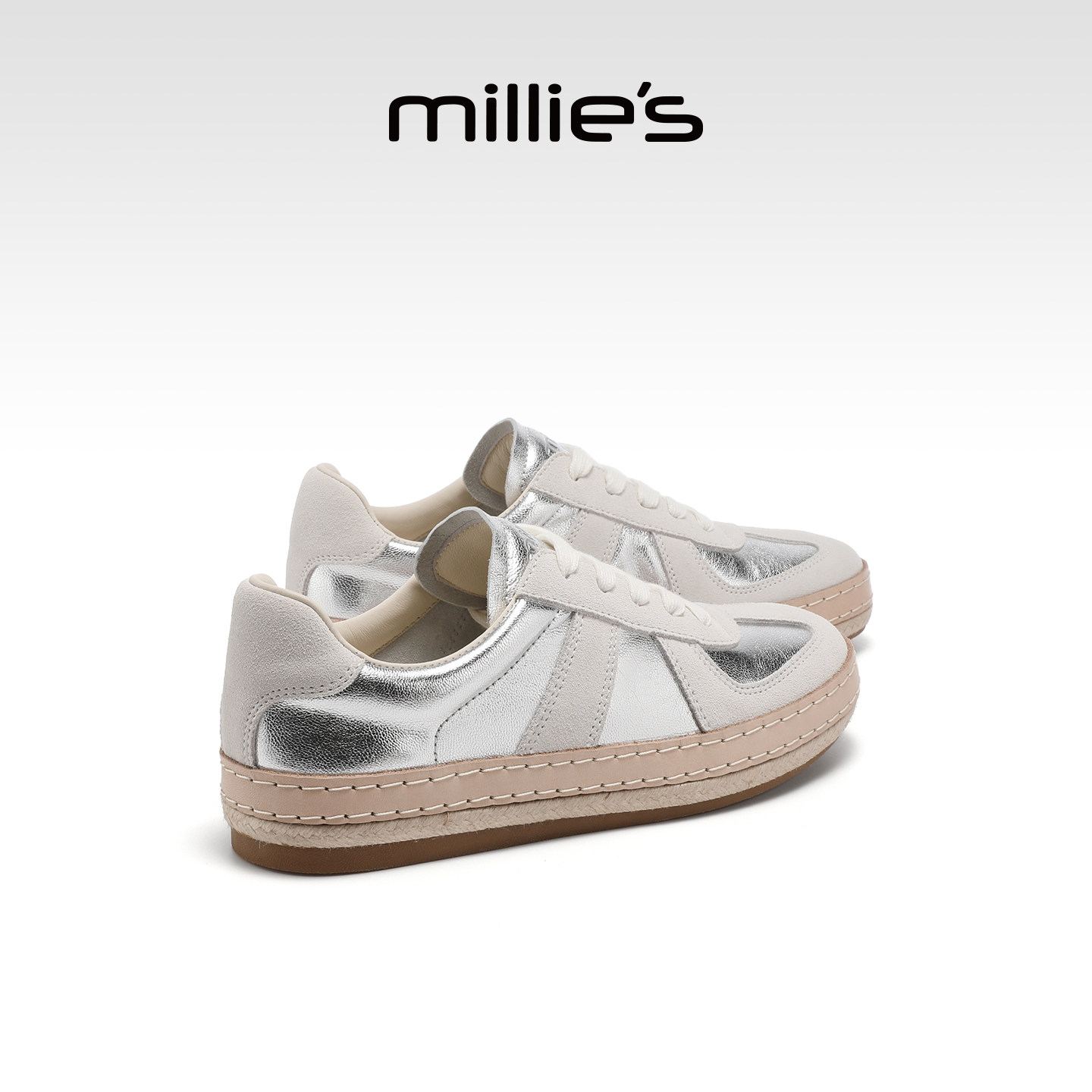 MILLIE'S/妙丽银色厚底德训鞋女款真皮低帮休闲板鞋2026春夏新款