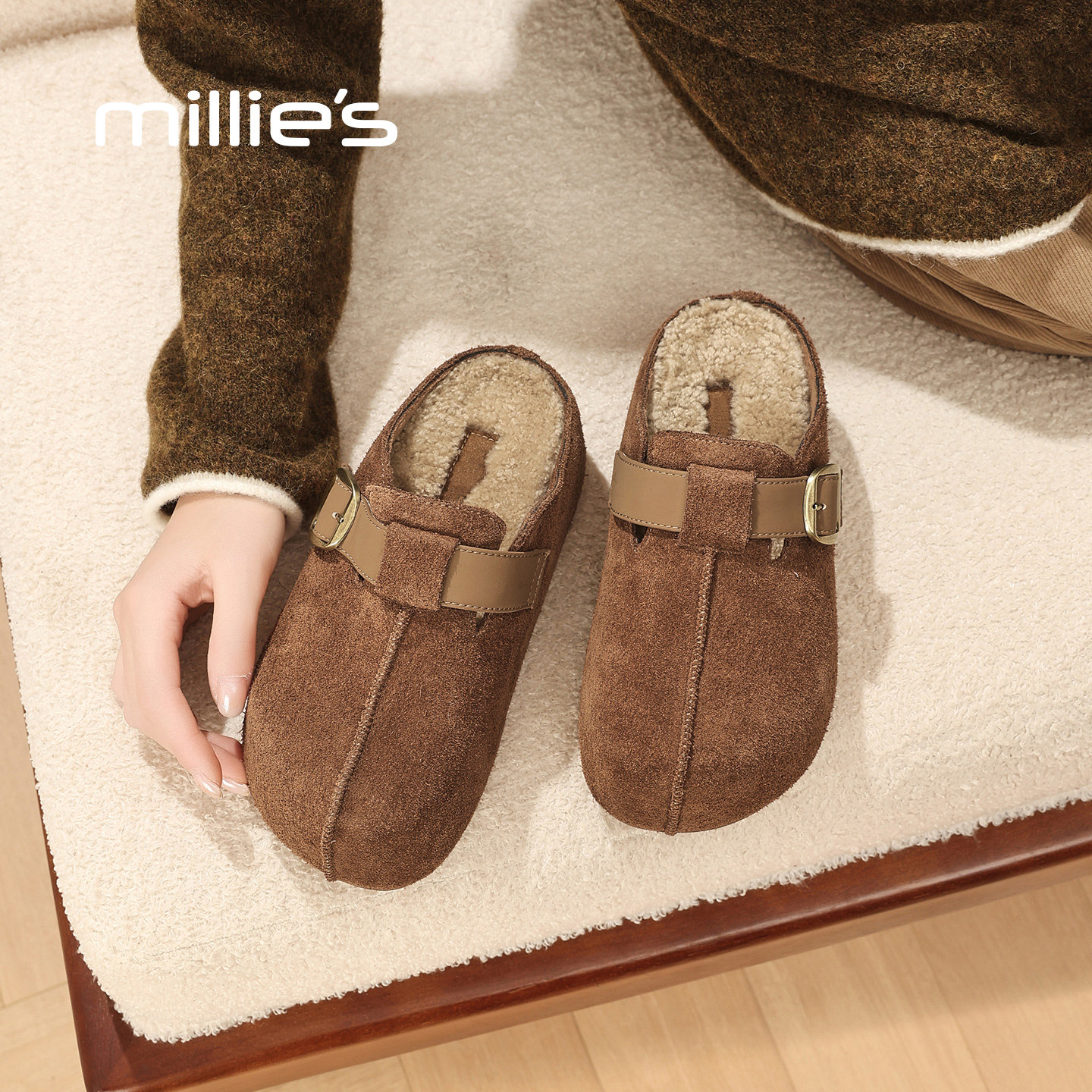 millies妙丽女鞋厚底加绒勃肯半拖鞋2025年冬季新款毛毛包头拖鞋,女鞋,毛毛鞋,淘宝优惠券,粉丝福利购,淘宝优惠卷