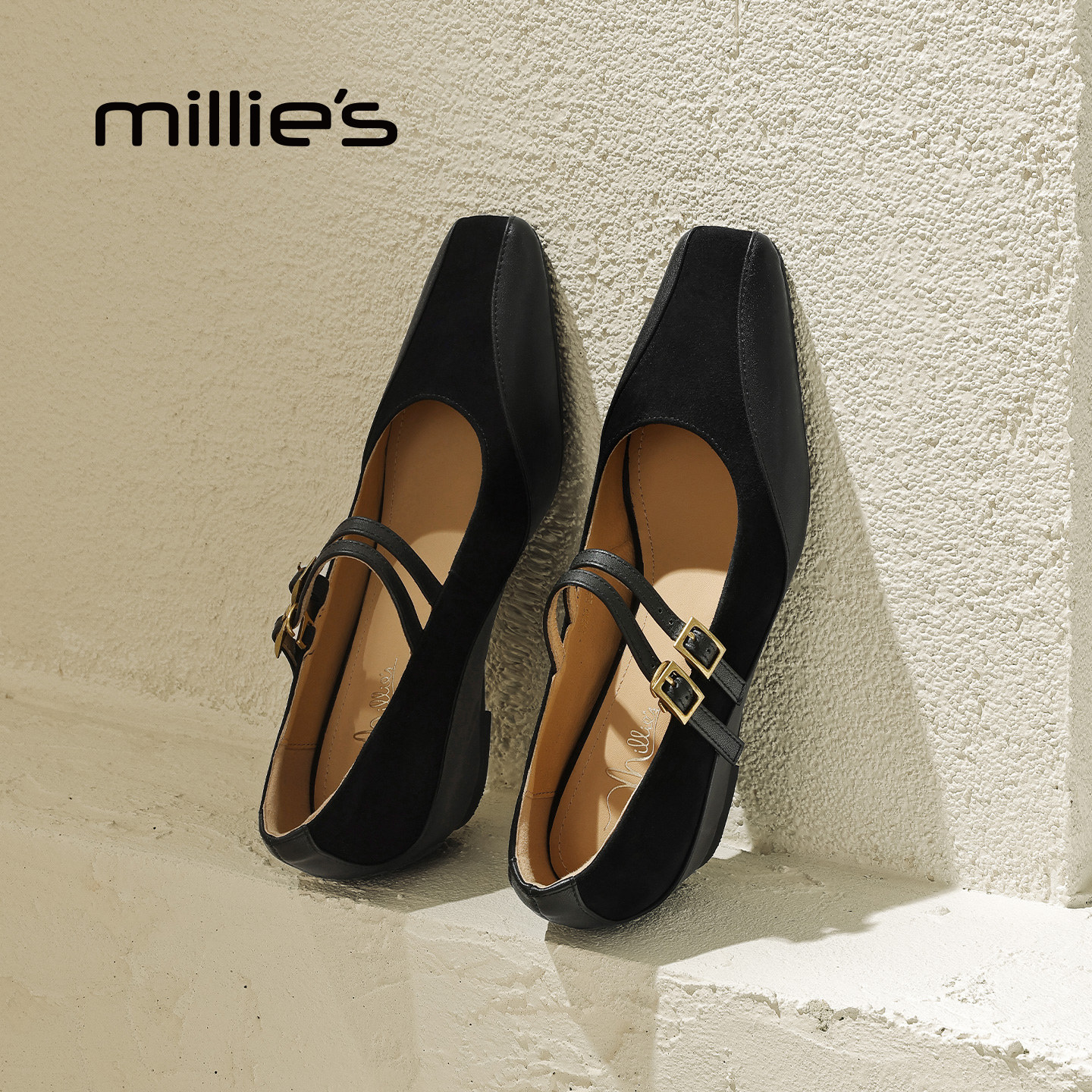 MILLIE'S/妙丽黑色复古小方头绒面玛丽珍内增高浅口单鞋百搭女鞋