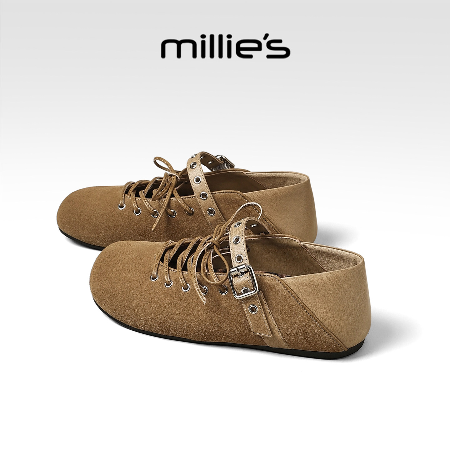 MILLIE'S/妙丽复古系带勃肯鞋女款内增高卡其色浅口单鞋春夏新款