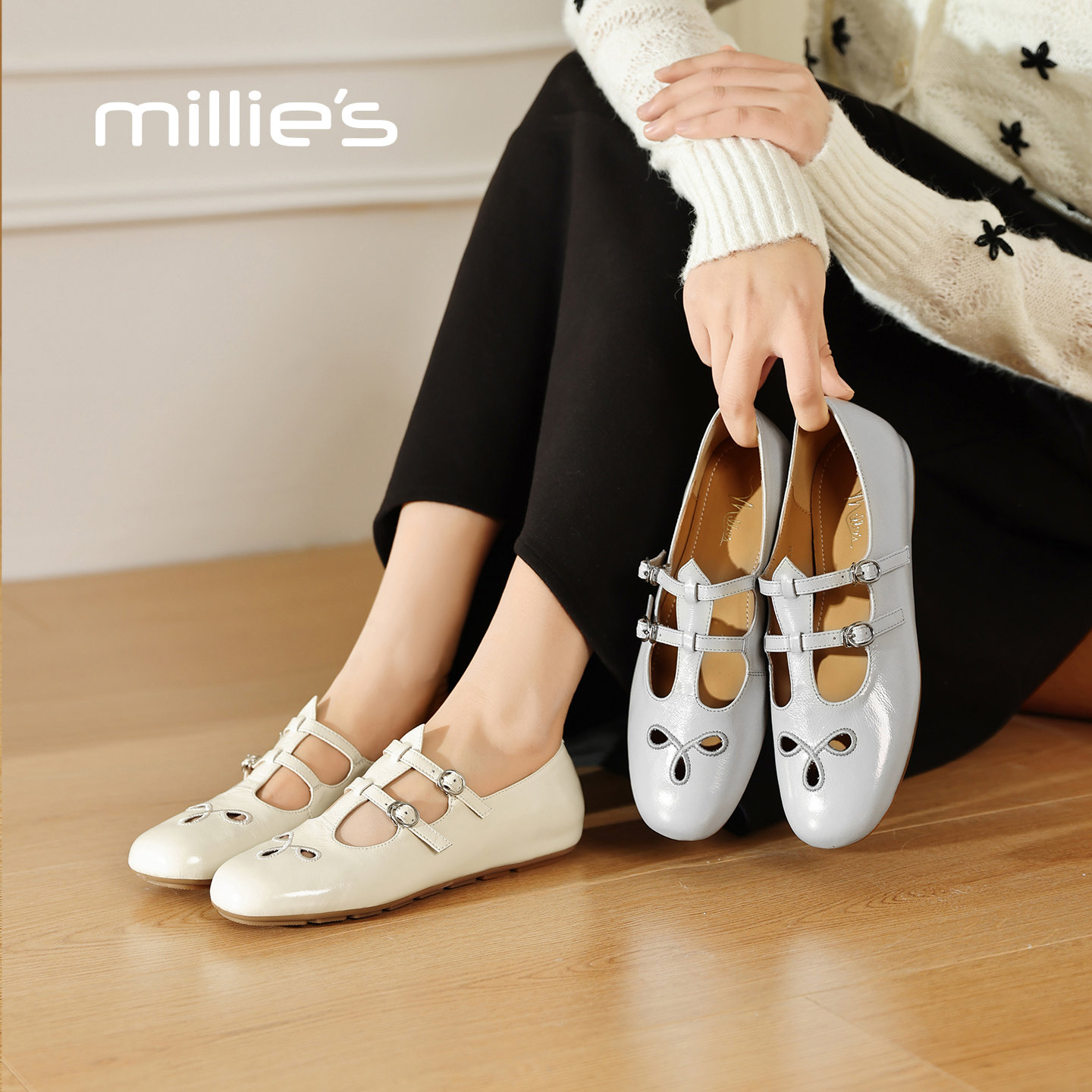 MILLIE'S/妙丽真皮玛丽珍鞋女双扣带镂空通勤淑女鞋软底浅口单鞋,女鞋,玛丽珍鞋,淘宝优惠券,粉丝福利购,淘宝优惠卷