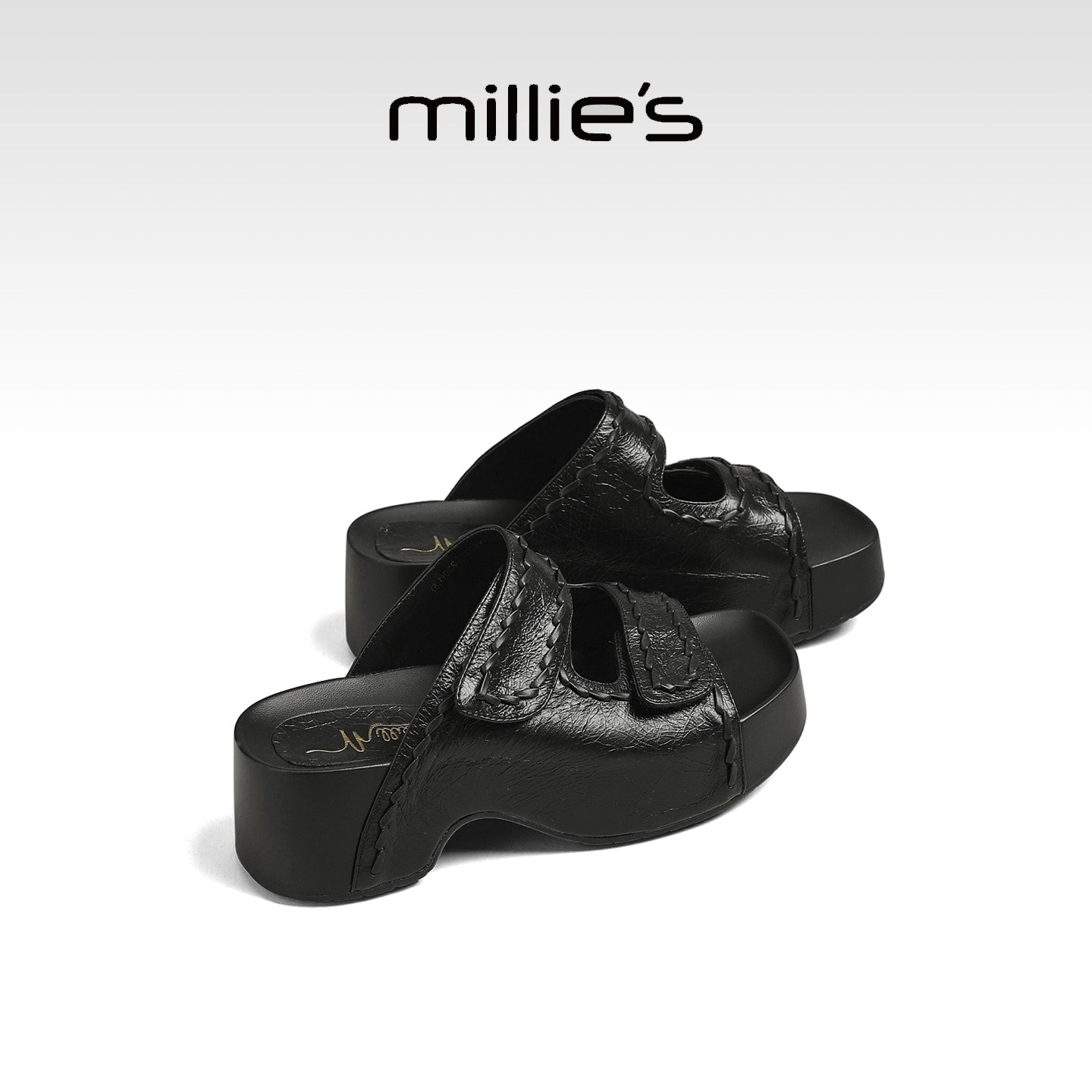 MILLIE'S/妙丽厚底一字拖女黑色松糕增高休闲凉拖鞋2026夏季新款