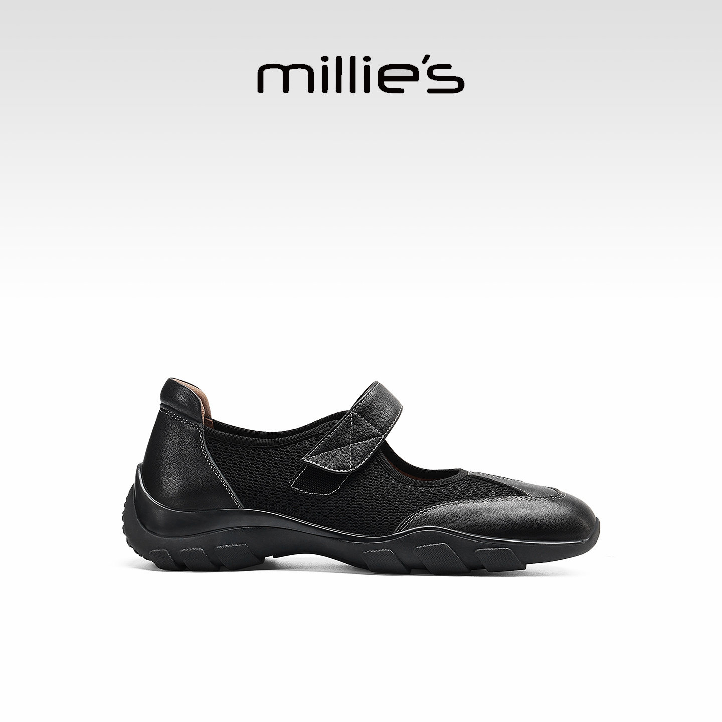 MILLIE'S/妙丽运动风真皮网面玛丽珍鞋女款黑色单鞋2026春夏新款