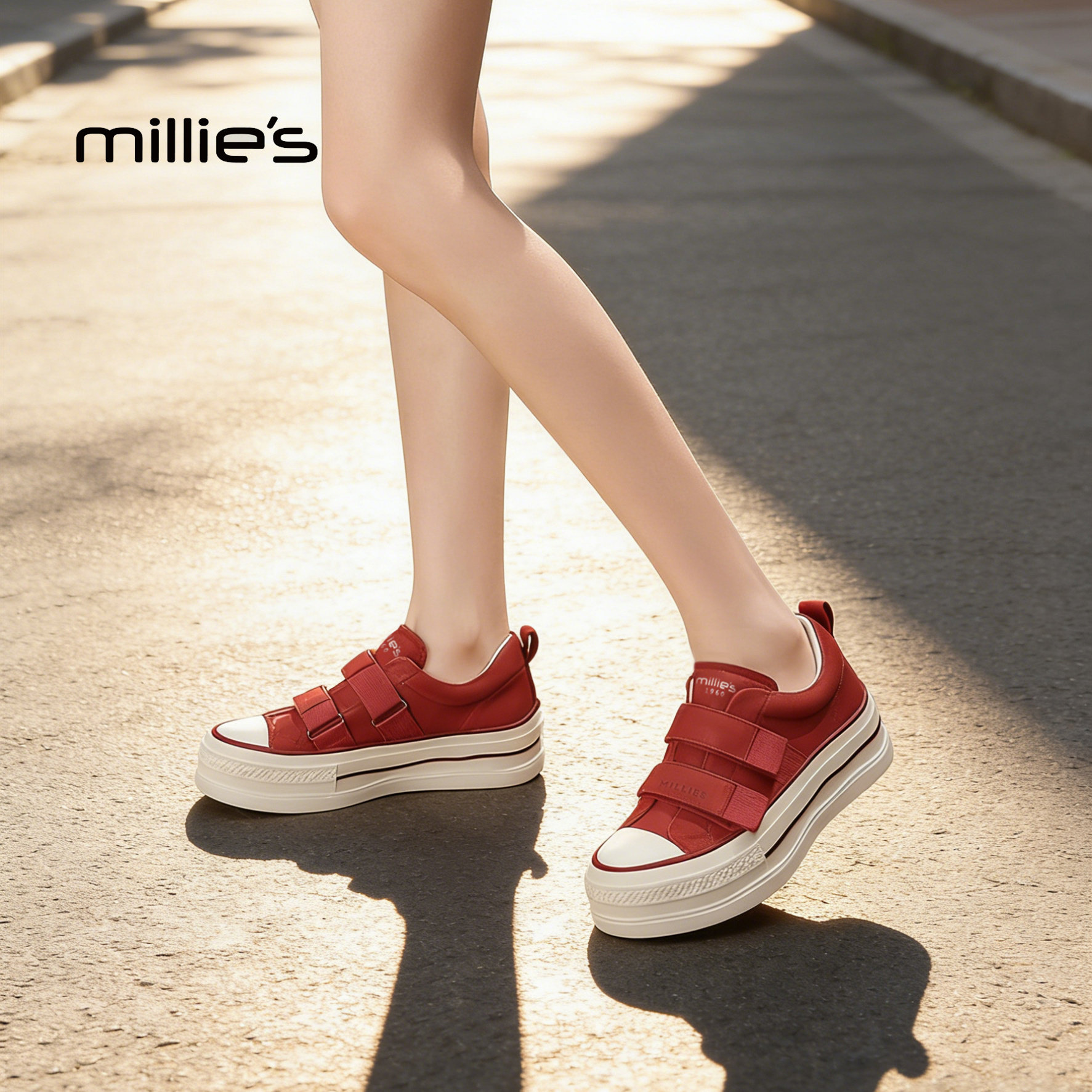 MILLIE'S/妙丽红色休闲厚底板鞋魔术贴女款百搭真皮深口单鞋女鞋,女鞋,深口单鞋,淘宝优惠券,粉丝福利购,淘宝优惠卷