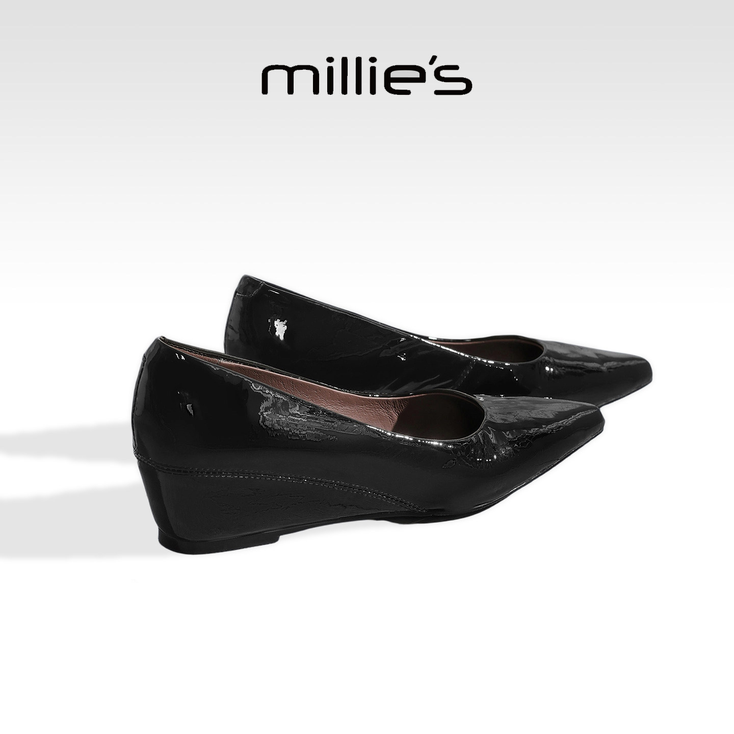MILLIE'S/妙丽法式尖头浅口单鞋女黑色漆皮坡跟玛丽珍鞋夏季新款