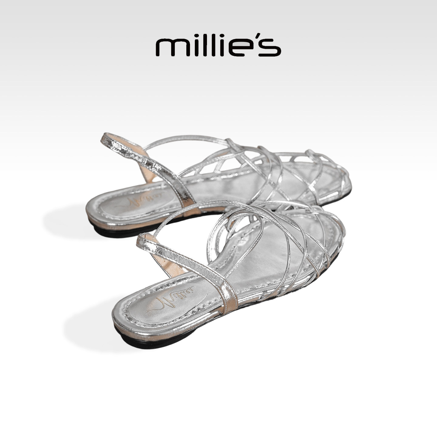 MILLIE'S/妙丽银色交叉绑带平底罗马凉鞋女2026夏季新款休闲露趾