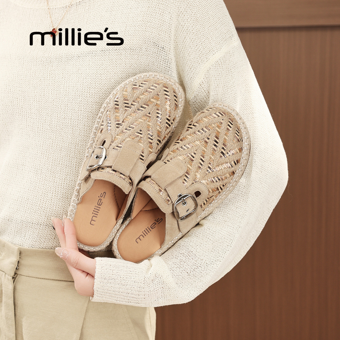MILLIE'S/妙丽编织包头半拖鞋女款平底一脚蹬软底勃肯鞋春夏新款