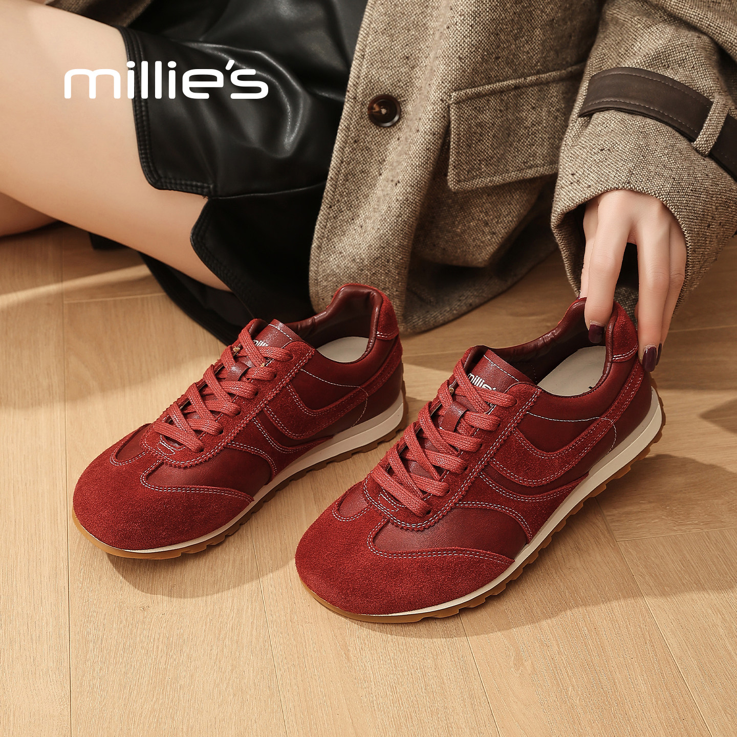 MILLIE'S/妙丽红色深口单鞋女鞋圆头平底时尚休闲鞋系带德训鞋女,女鞋,深口单鞋,淘宝优惠券,粉丝福利购,淘宝优惠卷