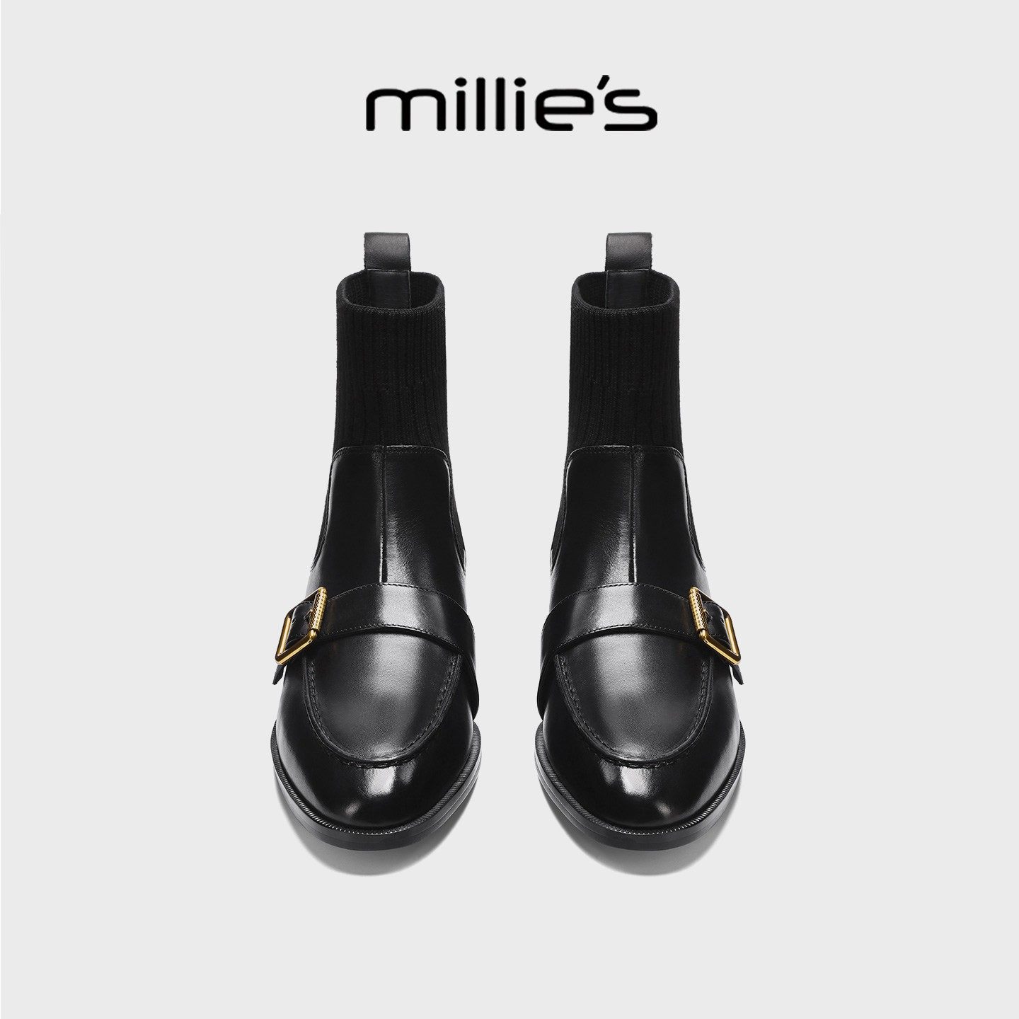 MILLIE'S/妙丽法式复古短靴女靴子春季加绒黑色皮鞋弹力瘦瘦袜靴,女鞋,弹力靴/袜靴,淘宝优惠券,粉丝福利购,淘宝优惠卷