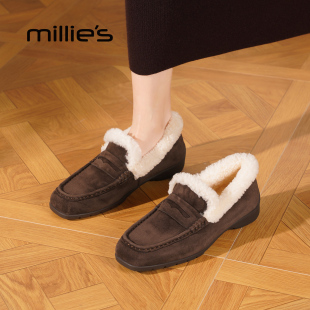 深口单鞋 妙丽加绒乐福鞋 棕色毛毛鞋 女平底一脚蹬懒人鞋 MILLIE