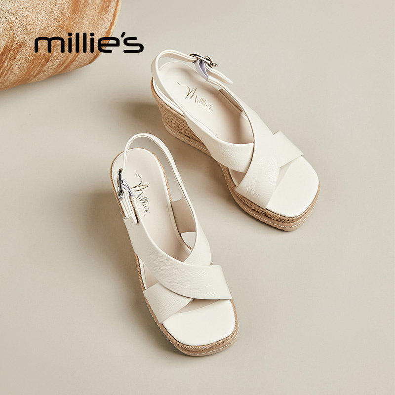millies妙丽坡跟凉鞋女款2025夏季新款增高小个子时装高跟不累脚