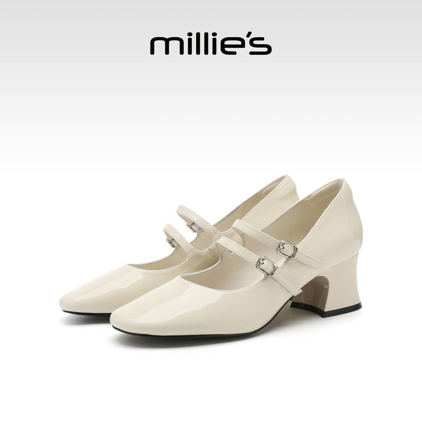 MILLIE'S/妙丽双扣带粗跟玛丽珍鞋女款米白漆皮浅口单鞋春夏新款