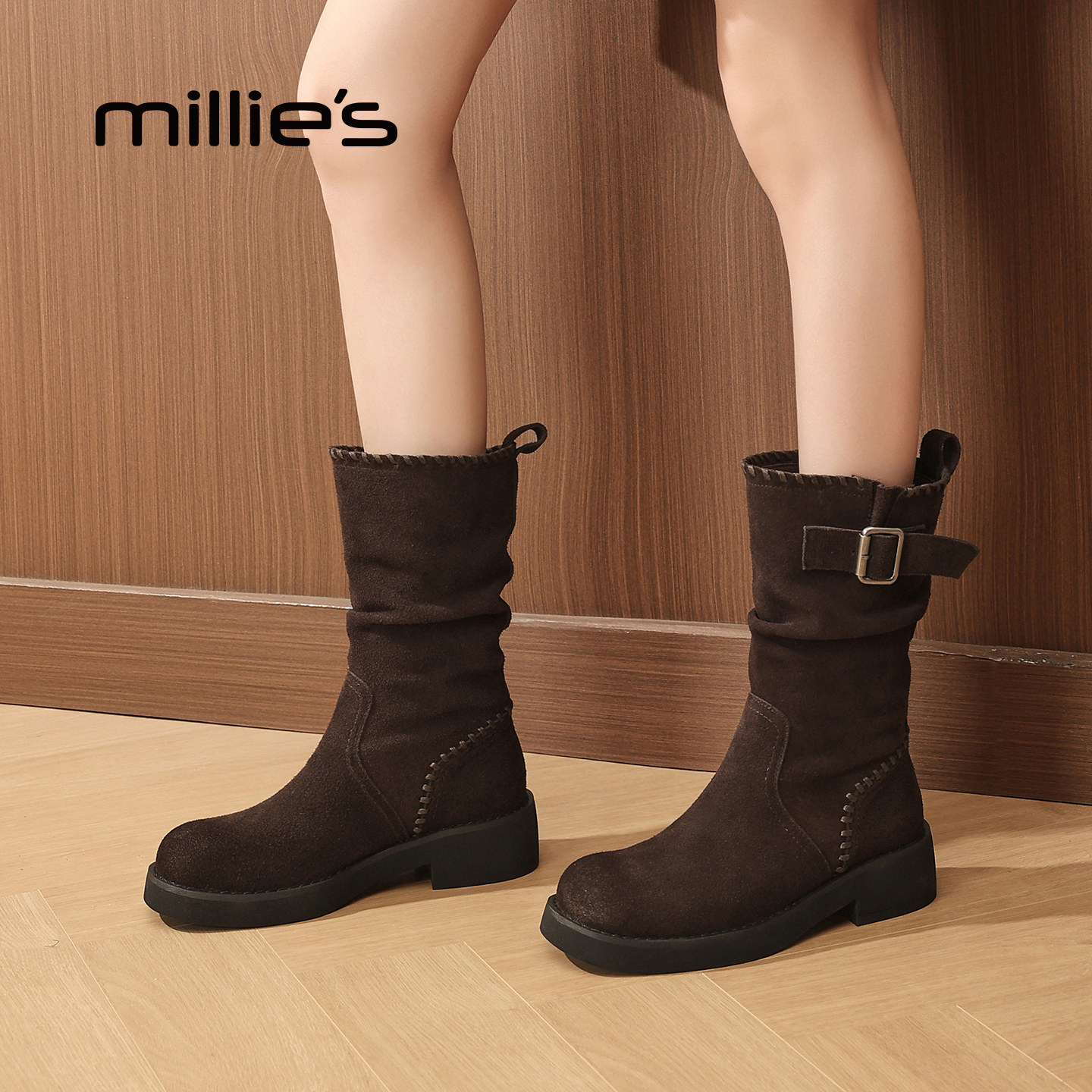 millies妙丽女鞋加绒复古短靴