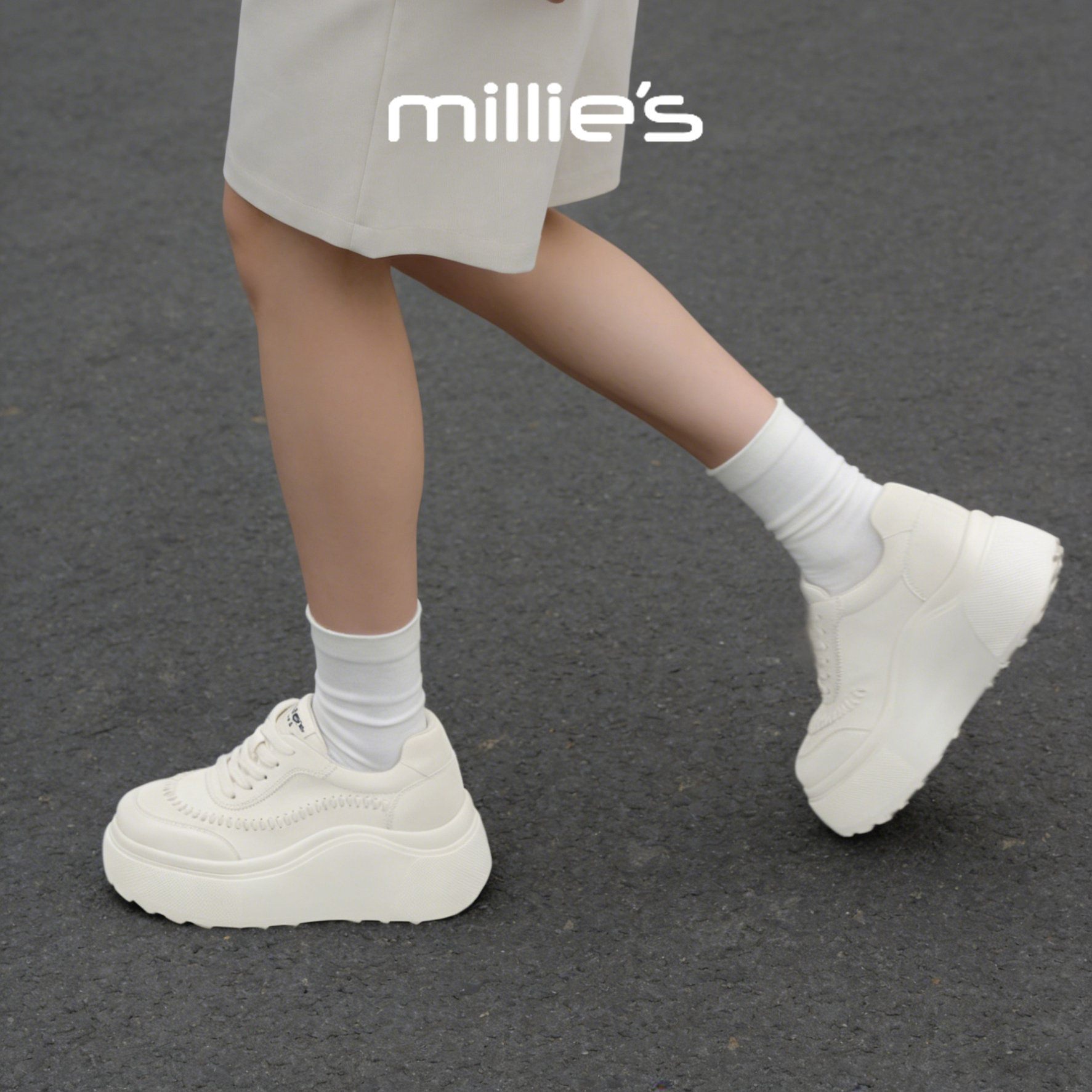 MILLIE'S/妙丽极简风厚底增高小白鞋女松糕底休闲鞋百搭春季新款,女鞋,休闲板鞋,淘宝优惠券,粉丝福利购,淘宝优惠卷
