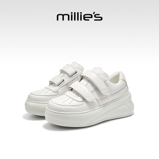 millies妙丽真皮小白鞋女款厚底增高新款休闲加绒棉鞋魔术贴百搭