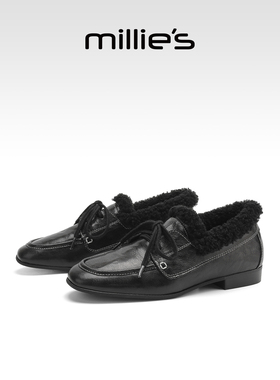 millies妙丽加绒小黑鞋软底乐福鞋2025年冬季新款通勤时尚小皮鞋