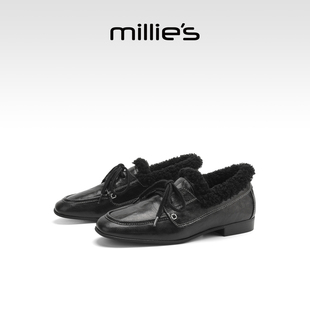millies妙丽加绒小黑鞋软底乐福鞋2025年冬季新款通勤时尚小皮鞋