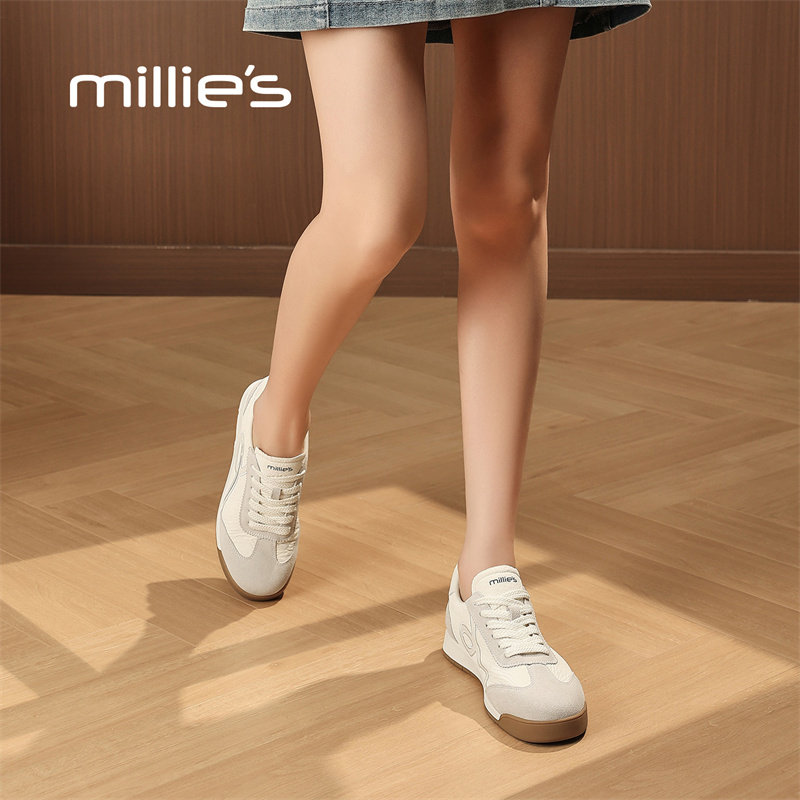 millies妙丽女鞋时尚舒适百搭平底系带休闲鞋复古风条纹透气板鞋