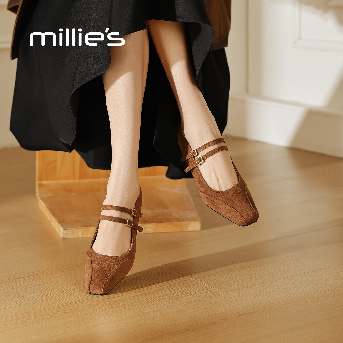 MILLIE'S/妙丽法式复古玛丽珍鞋女款粗跟方头双带扣浅口单鞋百搭,女鞋,浅口单鞋,淘宝优惠券,粉丝福利购,淘宝优惠卷