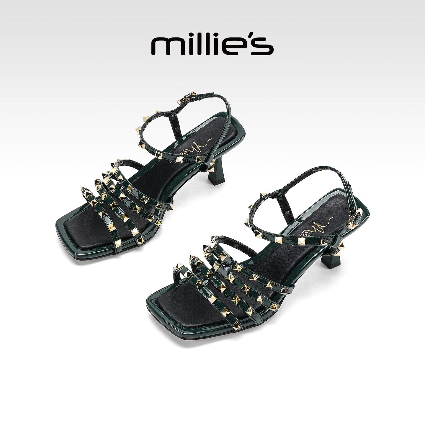 MILLIE'S/妙丽轻熟风铆钉细跟凉鞋女2026夏季新款约会气质高跟鞋