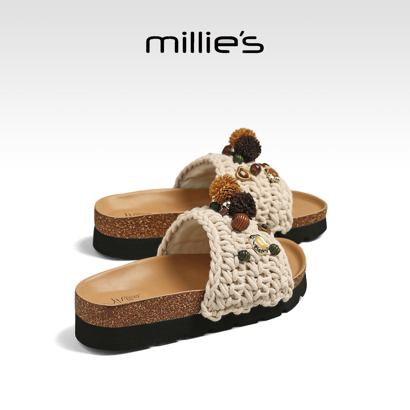 MILLIE'S/妙丽编织可爱厚底一字拖女外穿夏季拖鞋时尚增高凉拖鞋