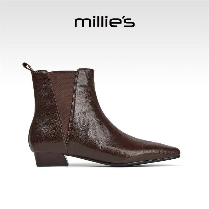 millies妙丽女鞋2025年秋冬新款百搭尖头加绒短靴切尔西靴及踝靴