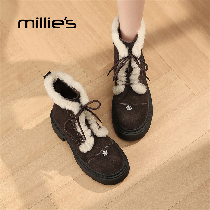 millies妙丽女鞋加绒增高毛毛靴