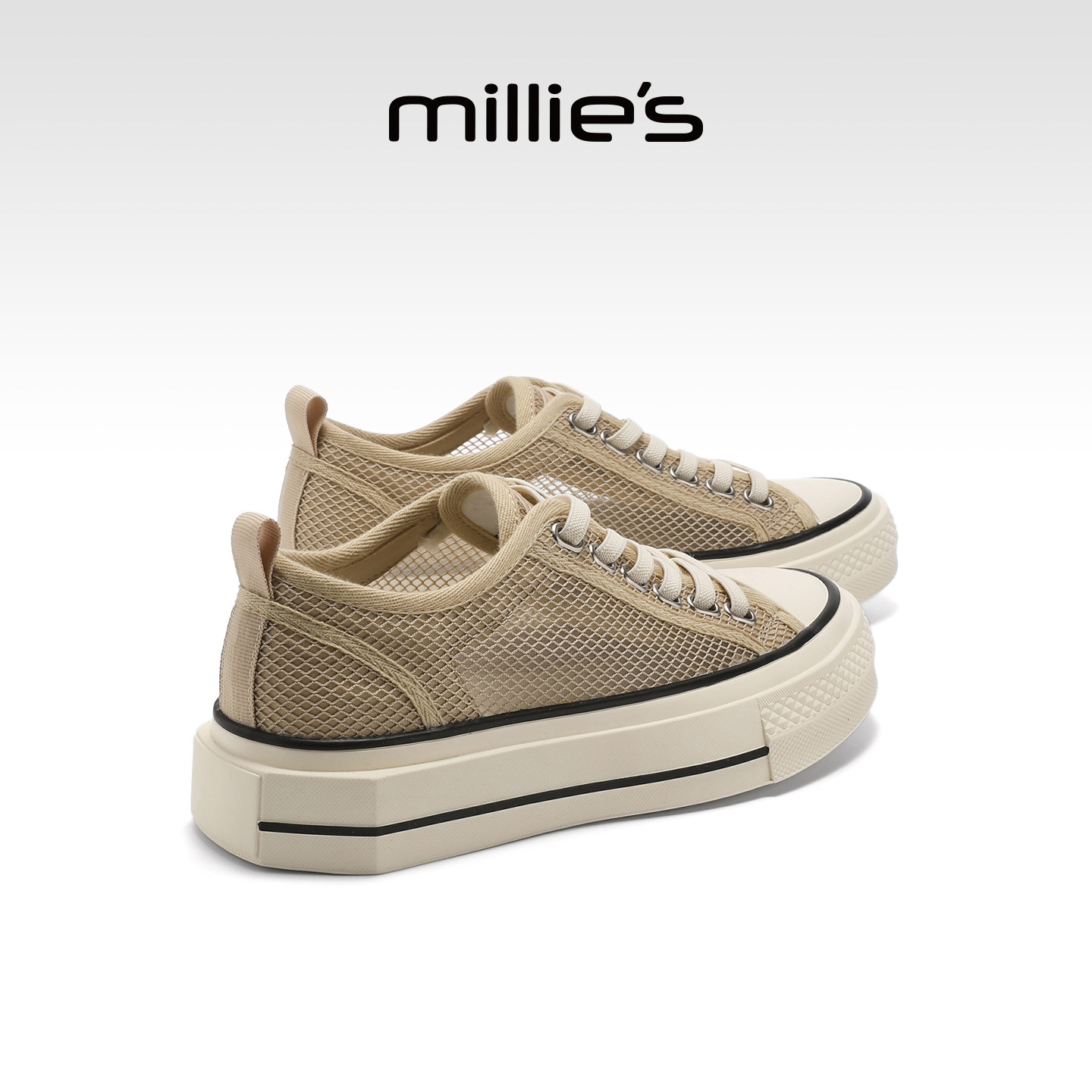 MILLIE'S/妙丽简约风厚底低帮帆布鞋女鞋杏色增高休闲板鞋小个子
