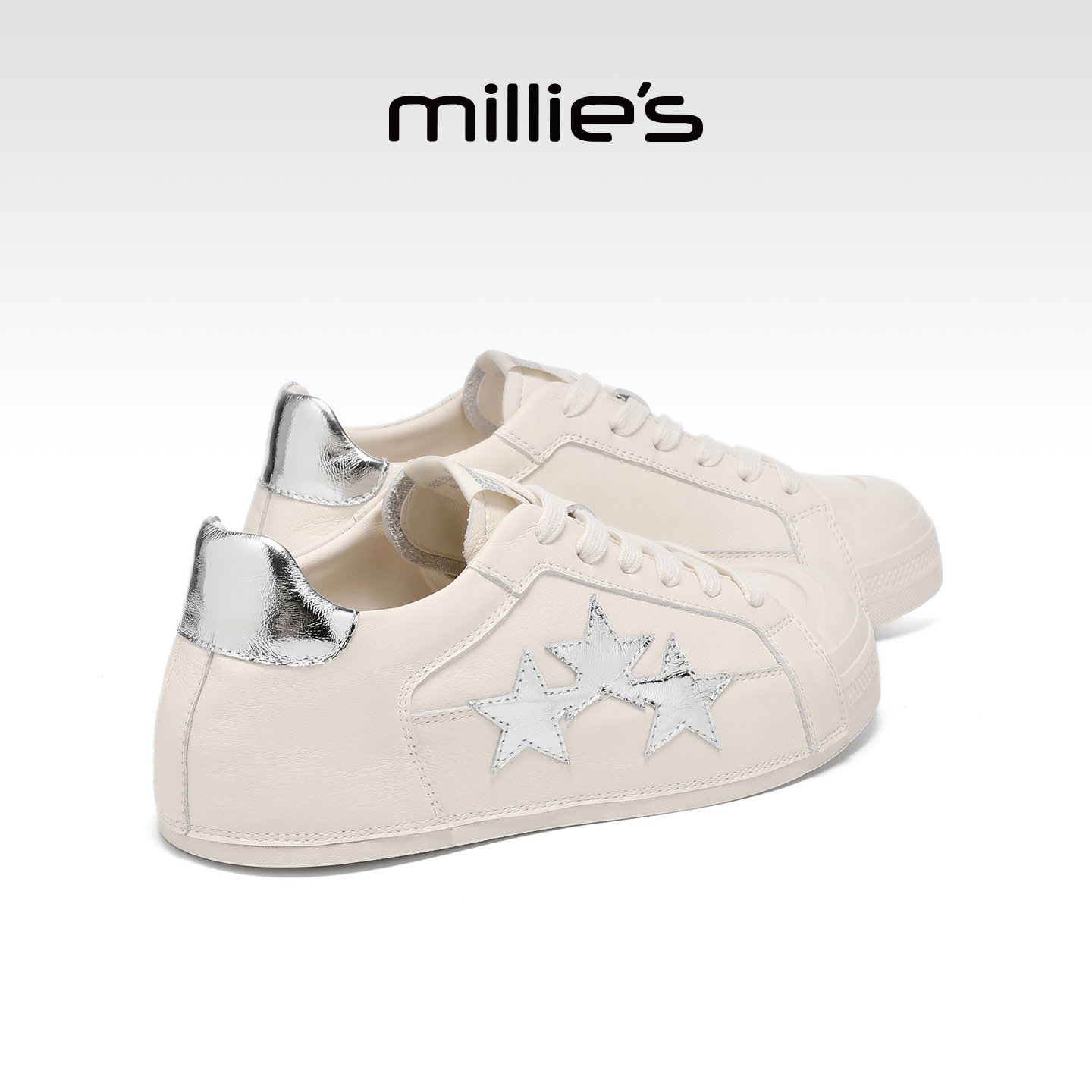 MILLIE'S/妙丽复古星星板鞋米银色女款厚底休闲鞋2026春夏季新款
